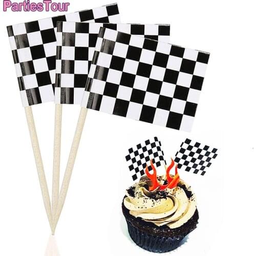 48 pcs Checkered Racing Flag Party Cupcake Picks Toothpick Flag Dinner Flags Cake Toppers Decorations (Black and White)