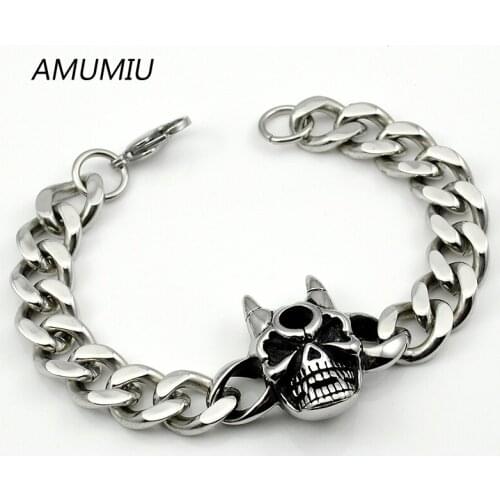 AMUMIU Vintage Casting 316L Stainless Steel Skull Hand Cuff Chain Bracelet For MENS Jewelry, Wholesale HZB035
