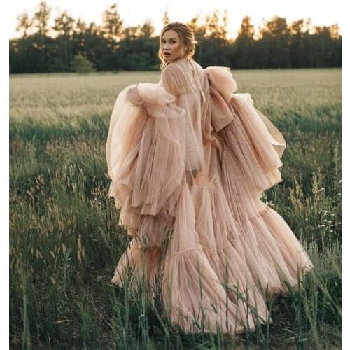 Maternity Dresses Ruffle Lush Prom Dress Puffy Sheer Full Sleeves Mesh Maternity Pregnant Robes robe de soirée longue