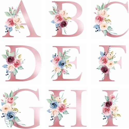 Floral Name Heat Transfer Stickers English Alphabet Iron on Transfer Patches 26 Letters Printing Appliques Couple Outfit Decals