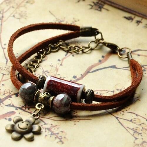 Double Leather Bracelets Sun Flower Pendants Ceramic Beads Bracelet For Women Bead Strand Vintage Rope Knot Bangles Jewelry
