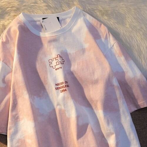 Cute Summer Tie Dye T-Shirt Loose Kawaii Oversize Female Tops Tees Funny Korean Japan Harajuku High Street Pink T Shirt Girl