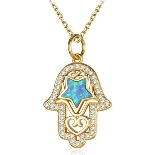 FYJS Unique Jewelry Light Yellow Gold Color Hand Inlay Lucky Star Opalite Opal Pendant Link Chain Necklace