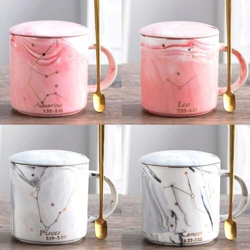 400ml Coffee Cup Twelve Constellation Marble Cup with Cover Long Spoon Ceramic Mug for Wedding Birthday Party Christmas Gift