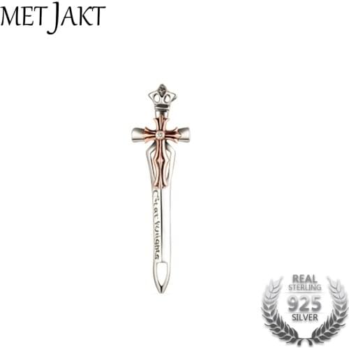 MetJakt Classical Angels Sword with Gold Cross Pendant Solid 925 Sterling Silver Pendant Necklace for Unisex Vintage Jewlery
