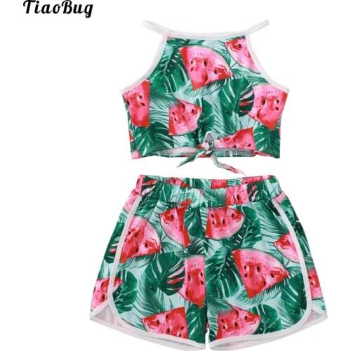 Cute Summer 2Pcs Kids Girls Suit Straps Sleeveless Watermelon Print Cropped Vest Tops And Shorts Kawaii Sets