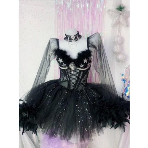 Tutu Mini Skirt 3 Pieces Sexy Costume Black Feather Mesh Bodysuit Lady Music Festival Bar Club Party Disco Dancing Stage Outfit