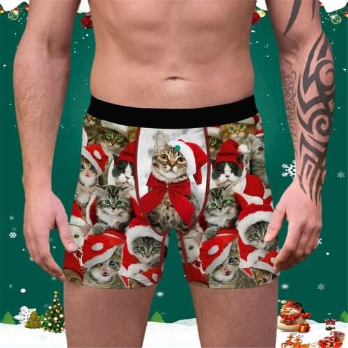 Christmas Print Mens Underwear Sexy Slim boxer men Gay Underwear Breathable Sports Long Flat male underwear cueca masculina