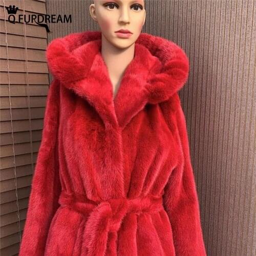 Q.FURDREAM 2021 New Natural Mink Fur Coat Autumn Winter Luxury Outerwear Thick Warm Fashion Jacket Belt Customizable Outerwear