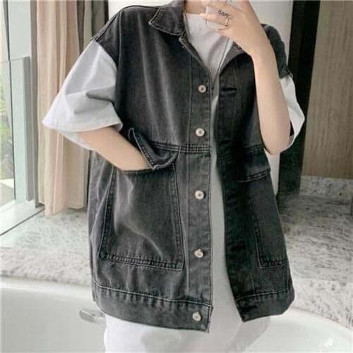 Plus Size Classic All-match Solid Vest Gilet Oversized Vests Women Sleeveless Denim Pockets Casual Streetwear Outwear Vintage