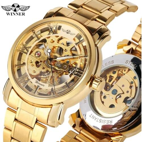 Luxury Mens Skeleton Transparent Automatic Mechanical Watches Gold Stain Steel Band Watch for Teenagers Watch Gift for Man
