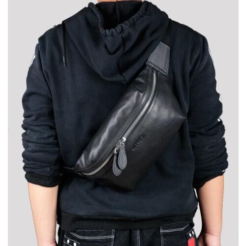 YETTIES Mens leather chest bag genuine leather Cross Bag Large-Volume Running Bag Mens multifunctional soft leather waist bag