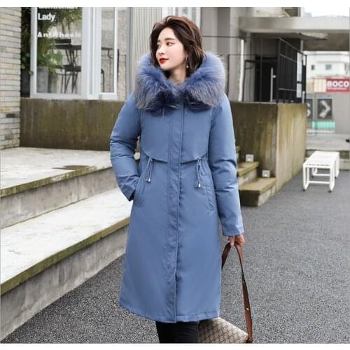 Lady Fur Collar White Duck Down Jacket Blue Red Women Thick Large Size Loose Outerwear Warm Down Coat Hooded Parka Overcoat Long