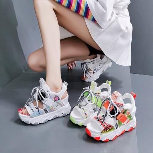 Women Mix Color New Chunky Platform Sandals Hollow Out Wedge Heels Beach Sandals Woman Thick Bottom Gladiator Shoes