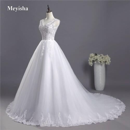 ZJ9064 2019 2020 White Ivory Gown Tulle Beads Crystal Beads V Neck Wedding Dresses Lace edge Brush Sweep Train for bride Dress