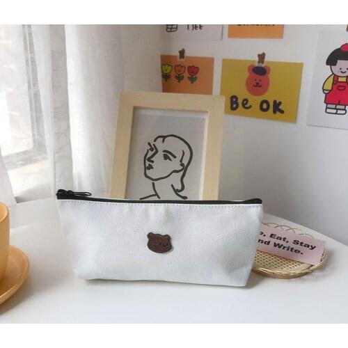 1PC Kawaii Simple Bear Canvas Kid Pencil Bag Girls Supplies Pouch Boys Stationery Case Pencil Storage School Organizer Penc Z9J6