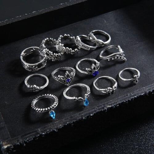 13 PCS/Set Bohemian Vintage Ring Set Lotus Flower Horse Rhinestone Crystal Joint Rings Set For Women Fashion Jewelry Gift