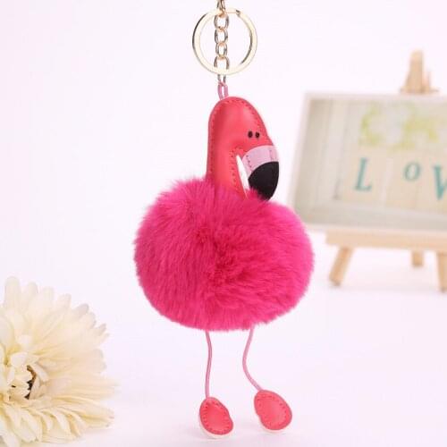 Fancy&Fantasy Fashion Women Cute Flamingo Pompom Key Chain Fluffy Animal Keychain Bag Charms Key Ring Holder Pendant Accessories
