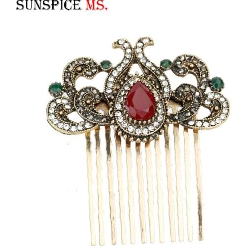 SUNSPICEMS Turkish Women Flower Hair Comb Retro Gold Color Full Rhinestone Arab Ethnic Hair Worn In a Bun or Coil Jewelry Gift