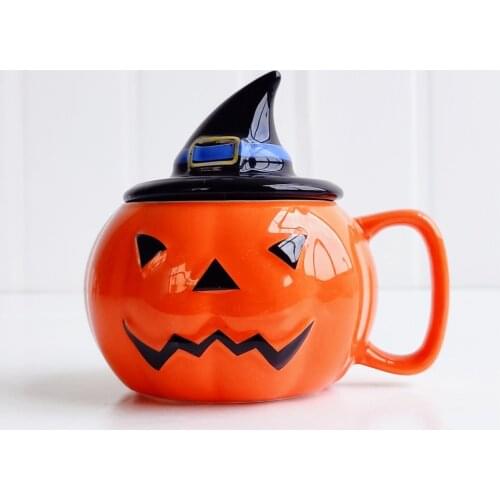 Pumpkin Ceramic Mug Interesting Ghost Shape Coffee Cup Halloween Breakfast Cup with Cover Friends New Year Drinkware Gift
