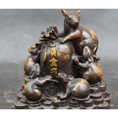 6" Chinese Bronze Gilt Wealth Money YuanBao Zodiac Year Animal Mouse mice Statue fast