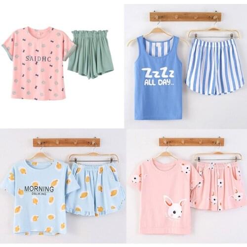 KISBINI New Summer Women Pajamas Set Cotton Letter Print Short Sleeve T-Shirt+Shorts Sleepwear Homewear Female Night Wear