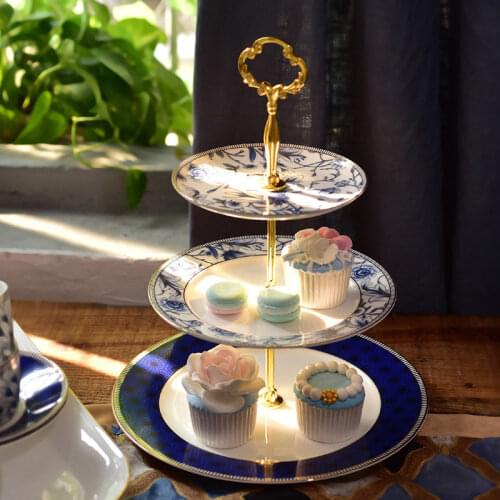New European-style bone china three-tier fruit plate three-tier cake stand dessert sugar dried fruit plate ceramic dessert plate