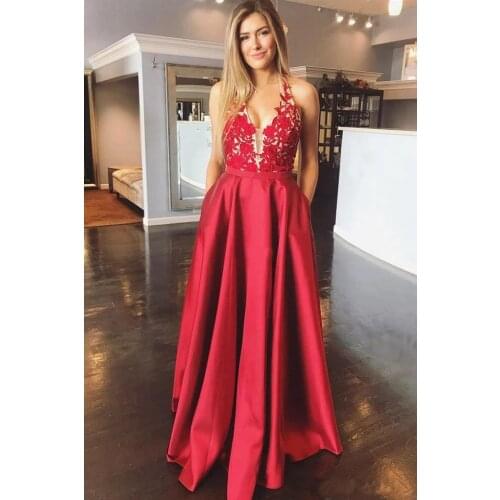 Red Long Satin Halter Prom Dresses with Pockets Backless Lace Formal Evening Party Ball Gown Robe De Soiree