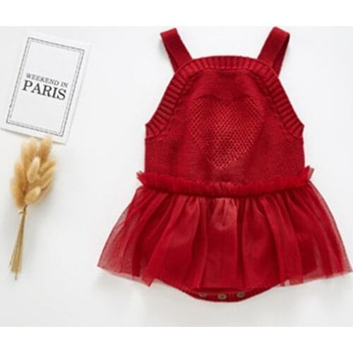 Adorable newborn baby girls dress fall cotton knitted red suspender jumpsuit for girls mesh tulle party wedding costumes childre