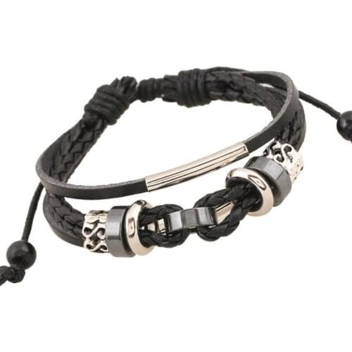 Fashion Punk Casual Black Cuff Leather Bracelet Alloy Beads Charm Wrap Bangle Retro Braided Wristbands Women Men Vintage Jewelry