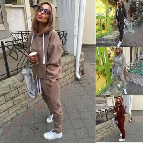 Fashion 2Pcs Women Travel Leisure Jogging Suit Solid Color Tracksuits Fleece Lined Hoodies Pants Set