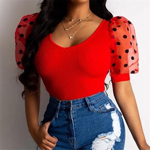 2020 New Women Summer Sheer Mesh Polka Dot Sleeve Tops Ladies Short Sleeve Casual Slim Fit Ribbed T Shirt Blouse
