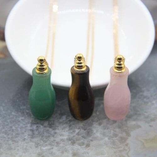 Vase Shaped Gems Perfume Bottle Pendants Necklaces,Aventurine Tiger eye Rose Quartzs Essential Oil Diffuser Vial Charms Jewelry