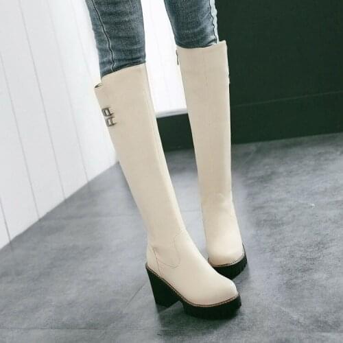 PXELENA Chunky Block High Heels Knee High Boots Women Side Zipper Platform Punk Gothic Long Riding Knight Boots Plus Size 34-43