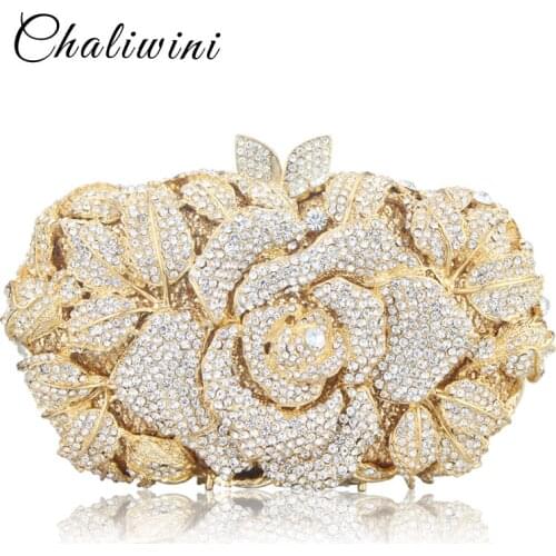 Luxury Hollow Out Crystal Floral Diamond Evening Clutch Bag Champagne Evening Bag Party Wedding Purse Soiree Pochette Purse
