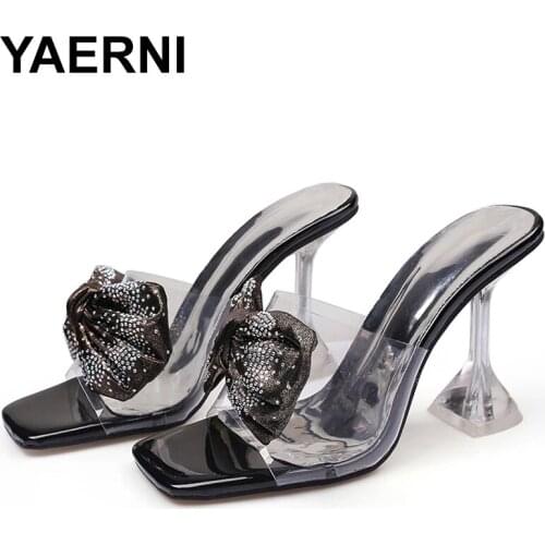 YAERNI Rhinestones Bow Summer Women Transparent Stiletto Slides Shoes Ladies Comfortable High Heel Slippers Open Toe Sandals