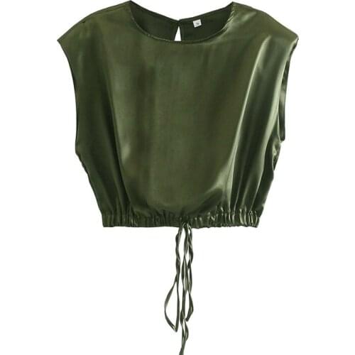 TRAF Women 2021 Fashion Sexy Bow Tie Strap Glossy Shoulder Pad Solid Color Top Retro O-Neck Sleeveless Blouse Streetwear