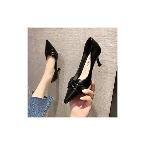 Pumps 7 Cm Pointed Toe Pleated Stiletto High Heels 2021 New Black Profession Work Shoes Soft Leather Comfortable Not Tired Lady
