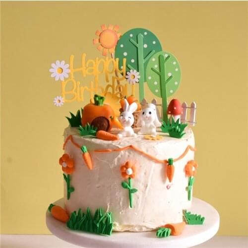 Cake Topper Pastoral Bunny Decoration Carrot Bunny Doll Mushroom Insert Plug-in Baking Haappy Birthday Party Decoration Supplies