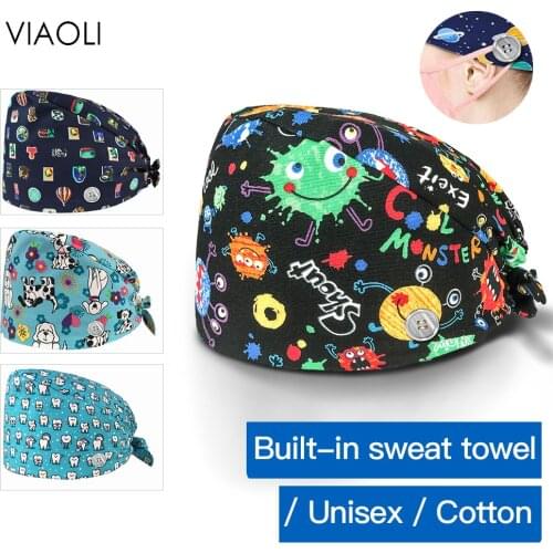 High Quality adjustable Buttons Bandage Scrub hats beauty salon cute Floral print hats Male and female spa fashion Scrub cap