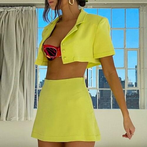 2Pcs Women Summer Outfit Solid Color Lapel Short Sleeve Button-Open Crop Tops + High-Waist Skirt for Girls, Yellow/Black