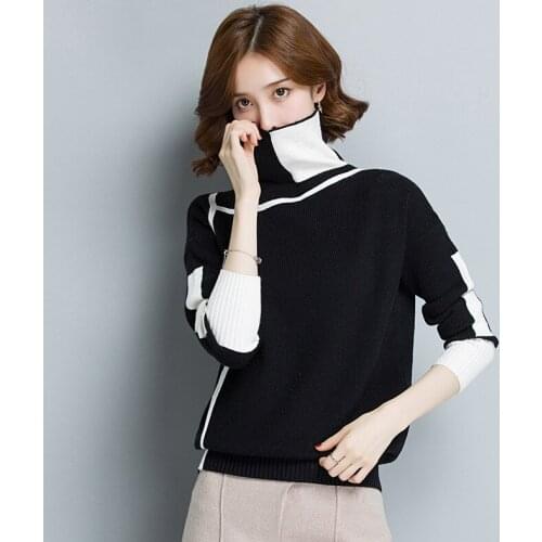 Pull Oversize Femme Turtleneck Knitted Top Fashion Long Sleeve Woman Autumn Winter Sweater Contrast Color Pullover Jumper DD2359