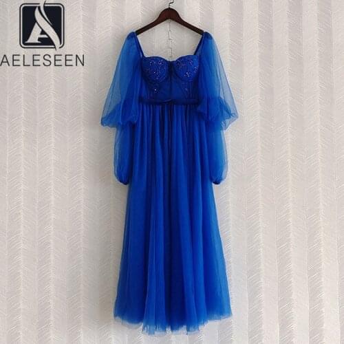 AELESEEN Women Party Dress 2021 Autumn Runway Fashion Blue Wine Lantern Sleeve Luxury Beading Embroidery Long Elegant Dress