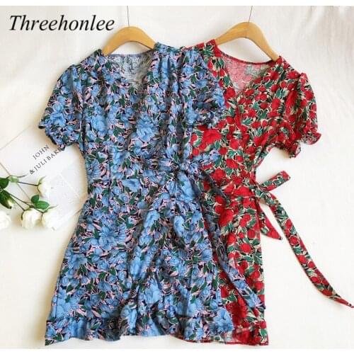 2021 Summer Women Dress Ins Fashion V-neck Floral Printed Ruffle Bandage Office Ladies Elegant Party Dresses Vestidos