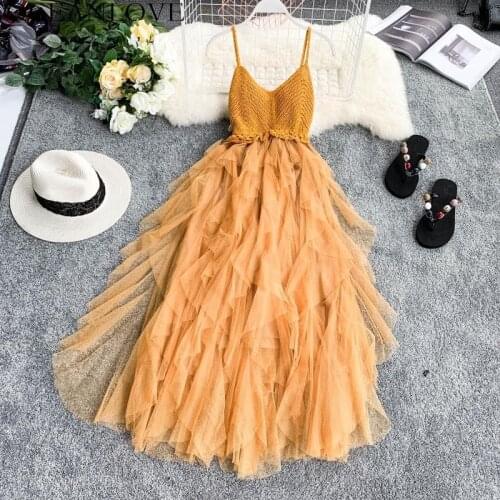 OCEANLOVE Party Dress Solid Cascading Ruffles Knitting Patchwork Women Dress 2020 Summer Mesh Backless V-neck Long Dress 11606