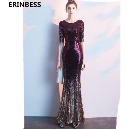 Vestido De Festa Mermaid Evening Dresses Long Sexy Scoop Neck Floor Length Half Sleeve Sequin Evening Dress 2019 Party Gowns