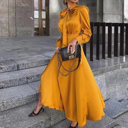 Elegant Vintage Dresses Classy Outfits Women 2021 Fashion Spring Autumn Long Sleeve Satin Yellow Dress Chic Maxi Dress