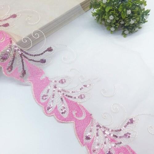 10Yards 18cm Floral Sequins Embroidered Lace Trimming Fabric Mesh Net Ribbon Tulle Dress Garments DIY Accessories Pink Red