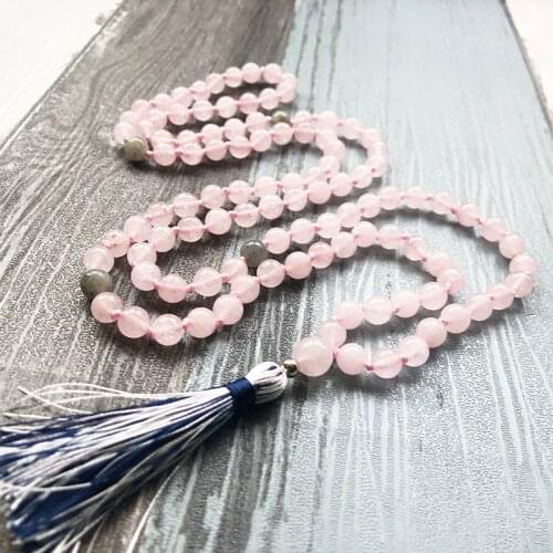 108 Mala Beads Rose Q-uartz & Labradorite Knotted Necklace Pink Q-uartz With Tassel Necklace Romantic Jewelry For GirlFriend