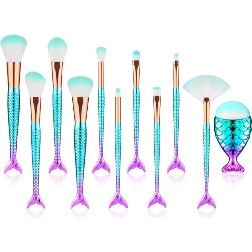 11pcs Mermaid Makeup Brush Set Gradual Color Plating Fish Tail Small Fat Fish Brush Eye Shadow Blush Brush Beauty Tool